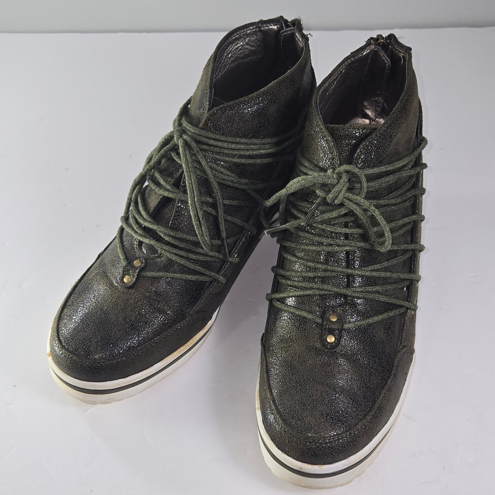 2 Lips Too Womens Wedge Ankle Boots Olive Green Lace Up Side Zip Size 8